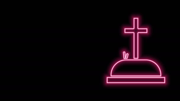 Linha de néon brilhante Tombstone com ícone de cruz isolado no fundo preto. Ícone de túmulo. Animação gráfica em movimento de vídeo 4K — Vídeo de Stock