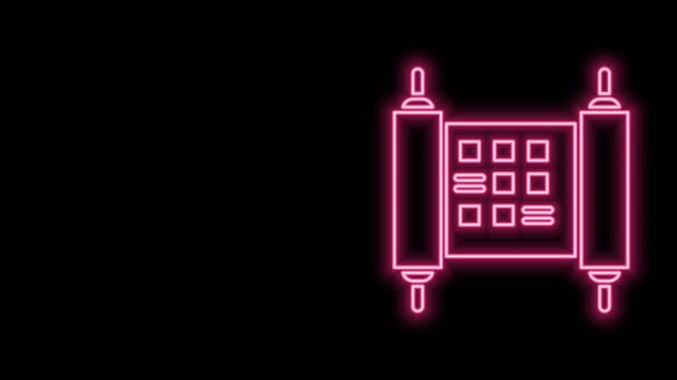 Ragyogó neon vonal Rendelet, papír, pergamen, tekercs ikon elszigetelt fekete alapon. Kínai tekercs. 4K Videó mozgás grafikus animáció — Stock videók