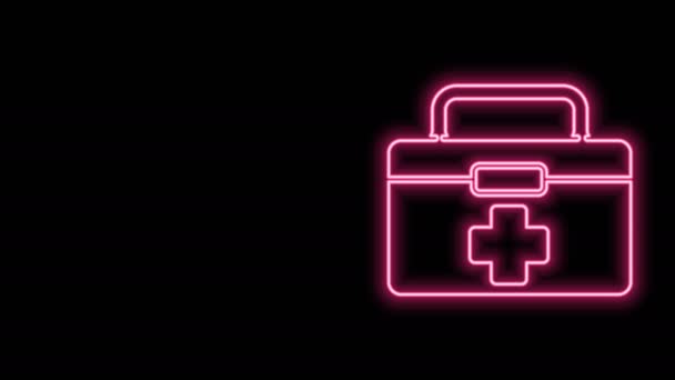 Glowing neon line P3K kit ikon terisolasi pada latar belakang hitam. Kotak medis dengan salib. Peralatan medis untuk keadaan darurat. Konsep perawatan kesehatan. Animasi grafis gerak Video 4K — Stok Video