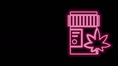 Siyah arka planda marihuana ya da kenevir yaprağı ikonu bulunan parlak neon hattı tıbbi şişesi. Kavanozlardaki kenevir yağı özlerini taklit et. 4K Video hareketli grafik canlandırması