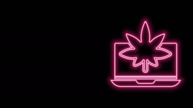 Parlak neon hattı dizüstü bilgisayar ve tıbbi marihuana veya kenevir yaprağı ikonu siyah arka planda izole edilmiş. İnternetten satın alma sembolü. Süpermarket sepeti. 4K Video hareketli grafik canlandırması