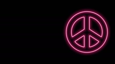 Parlayan neon hattı barış simgesi siyah arkaplanda izole edildi. Hippi barış sembolü. 4K Video hareketli grafik canlandırması