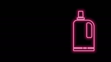 Parlayan neon hattı yumuşatıcı simgesi siyah arkaplanda izole edildi. Sıvı çamaşır deterjanı, saç kremi, temizlik maddesi, çamaşır suyu. 4K Video hareketli grafik canlandırması