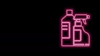 Çamaşır deterjanı, çamaşır suyu, bulaşık deterjanı ya da siyah arka planda izole edilmiş başka bir temizlik maddesi ikonu için parlak neon çizgisi plastik şişeler. 4K Video hareketli grafik canlandırması