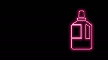 Parlayan neon hattı yumuşatıcı simgesi siyah arkaplanda izole edildi. Sıvı çamaşır deterjanı, saç kremi, temizlik maddesi, çamaşır suyu. 4K Video hareketli grafik canlandırması