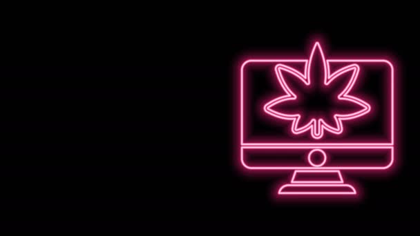 Linea neon incandescente Monitor per computer e icone di marijuana medica o foglie di cannabis isolate su sfondo nero. Acquisto online. Cesto del supermercato. Animazione grafica 4K Video motion — Video Stock