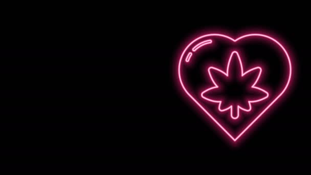 Línea de neón brillante Hoja de marihuana en forma de corazón icono aislado sobre fondo negro. Un símbolo de cáñamo. Animación gráfica de vídeo 4K — Vídeo de stock