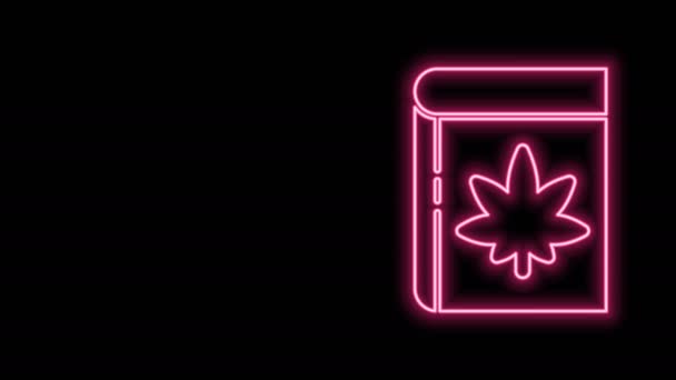 Glödande neon line bok och marijuana eller cannabis blad ikon isolerad på svart bakgrund. Hampa symbol. 4K Video motion grafisk animation — Stockvideo