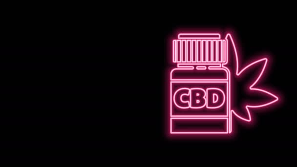 Linea neon luminosa Flacone medico con icona di marijuana o foglie di cannabis isolata su sfondo nero. Falsificazione di estratti di olio di cannabis in barattoli. Animazione grafica 4K Video motion — Video Stock