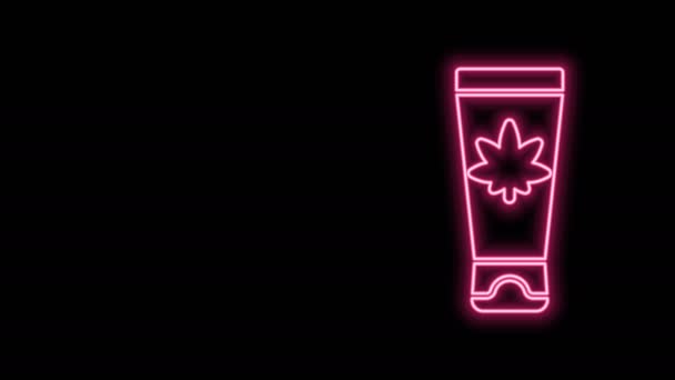 Świecący neon linii Krem medyczny z marihuaną lub ikoną liści marihuany izolowane na czarnym tle. Makijaż ekstraktów z oleju konopnego w słoikach. 4K Animacja graficzna ruchu wideo — Wideo stockowe