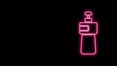 Parlayan neon hattı siyah arkaplanda izole edilmiş sıvı şişe ikonu. Bulaşık yıkamak için sıvı deterjan. 4K Video hareketli grafik canlandırması