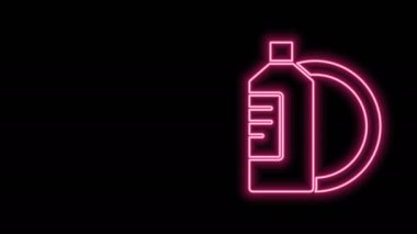 Parlayan neon hattı siyah arka planda izole edilmiş sıvı şişe ve tabak ikonu. Bulaşık yıkamak için sıvı deterjan. 4K Video hareketli grafik canlandırması