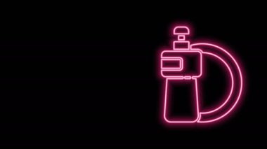 Parlayan neon hattı siyah arka planda izole edilmiş sıvı şişe ve tabak ikonu. Bulaşık yıkamak için sıvı deterjan. 4K Video hareketli grafik canlandırması