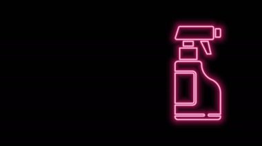 Parlak neon çizgisi temizleyici sprey şişesi ve siyah arka planda izole edilmiş deterjan ikonu. 4K Video hareketli grafik canlandırması