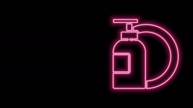 Parlayan neon hattı siyah arka planda izole edilmiş sıvı şişe ve tabak ikonu. Bulaşık yıkamak için sıvı deterjan. 4K Video hareketli grafik canlandırması