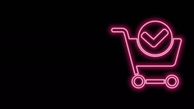 Siyah arkaplanda işaret simgesi olan parlak neon çizgili alışveriş arabası. Süpermarket sepeti onaylandı, onaylandı, tik takıldı, tamamlandı. 4K Video hareketli grafik canlandırması