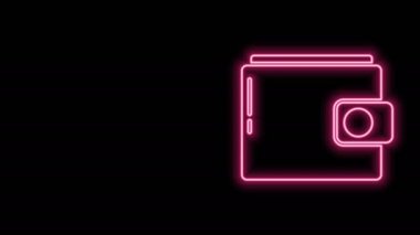 Parlayan neon çizgili cüzdan simgesi siyah arkaplanda izole edildi. Çanta ikonu. Nakit tasarruf sembolü. 4K Video hareketli grafik canlandırması