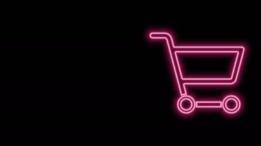 Parlayan neon hattı alışveriş arabası simgesi siyah arka planda izole edildi. İnternetten satın alma konsepti. Servis tabelası. Süpermarket sepeti sembolü. 4K Video hareketli grafik canlandırması