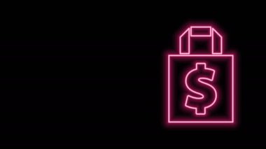 Parlak neon hattı Shoping çanta ve dolar sembolü siyah arkaplanda izole edilmiş. El çantası işareti. Kadın çanta ikonu. Kadın el çantası işareti. 4K Video hareketli grafik canlandırması