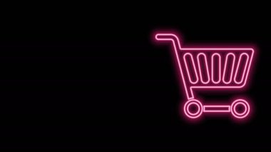Parlayan neon hattı alışveriş arabası simgesi siyah arka planda izole edildi. İnternetten satın alma konsepti. Servis tabelası. Süpermarket sepeti sembolü. 4K Video hareketli grafik canlandırması