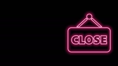 Siyah arkaplanda izole edilmiş metin kapatılmış simgeyle parlayan neon hattı asılı. Kafe ya da restoran için iş teması. 4K Video hareketli grafik canlandırması