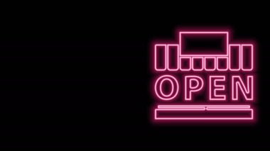Parlayan neon hattı Alışveriş binası veya market ve metin açık simgesi siyah arkaplanda izole edildi. Dükkan inşaatı. 4K Video hareketli grafik canlandırması