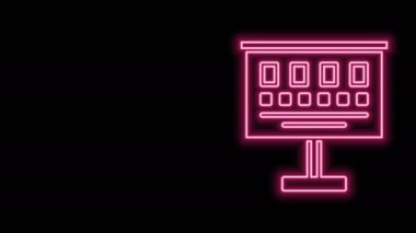 Parlayan neon çizgisi göz testi simgesi siyah arkaplanda izole edildi. Optalmik çalışmada görme testi için bir poster. Snellen çizelgesi. 4K Video hareketli grafik canlandırması