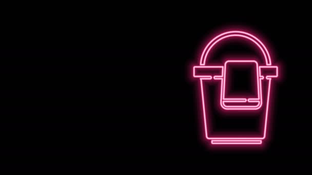Žhnoucí neonová čára Štandlík s hadrovou ikonou izolovanou na černém pozadí. Koncept úklidové služby. Grafická animace pohybu videa 4K — Stock video