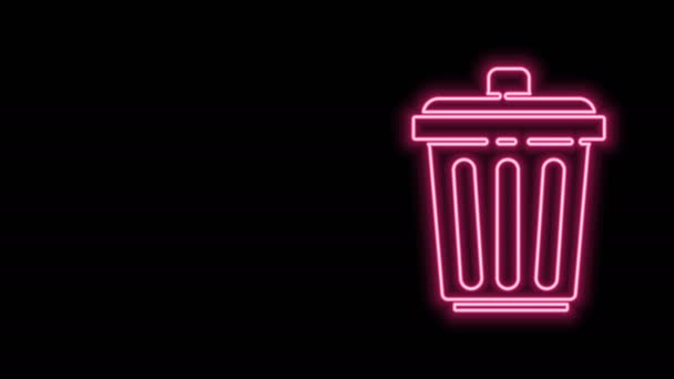 Linha de néon brilhante ícone da lata de lixo isolado no fundo preto. Sinal de lixeira. Ícone da cesta de reciclagem. Ícone de lixo do escritório. Animação gráfica em movimento de vídeo 4K — Vídeo de Stock