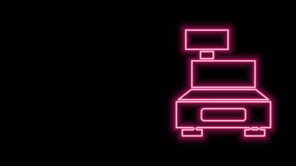검은 배경에 분리 된 체크 아이콘 과 네온 라인 캐시 레지스터 머신. 캐시어 사인. 캐쉬 박스의 상징. 4K 비디오 모션 그래픽 애니메이션 — 비디오