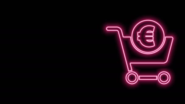 Glowing neon line Shopping cart and euro symbol icon isolated on black background. Online buying concept. Delivery service. Shopping cart. 4K Video motion graphic animation — Stock Video