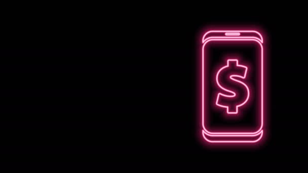 Ragyogó neon vonal Okostelefon dollár szimbólum ikon elszigetelt fekete alapon. Online vásárlási koncepció. Pénzügyi mobiltelefon. Online fizetés. 4K Videó mozgás grafikus animáció — Stock videók