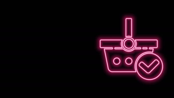 Gloeiende neon lijn Winkelwagen met vinkje pictogram geïsoleerd op zwarte achtergrond. Supermarkt mand met goedgekeurde, bevestigen, aanvinken, voltooid. 4K Video motion grafische animatie — Stockvideo