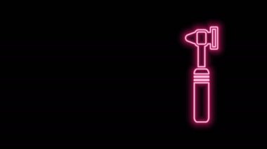 Parlayan neon hattı tıbbi otoskop aracı simgesi siyah arkaplanda izole edildi. Tıbbi alet. 4K Video hareketli grafik canlandırması