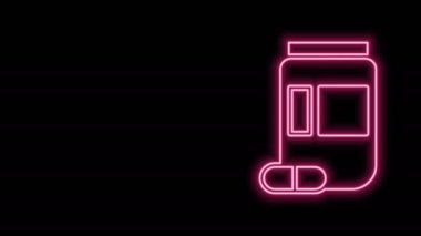 Parlayan neon hattı ilaç şişesi ve siyah arka planda izole edilmiş hap ikonu. Şişe hapı işareti. Eczane tasarımı. 4K Video hareketli grafik canlandırması