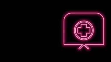 Siyah arka planda çapraz ikonu olan parlak neon çizgili hemşire şapkası. Tıp hemşiresi şapkası işareti. 4K Video hareketli grafik canlandırması