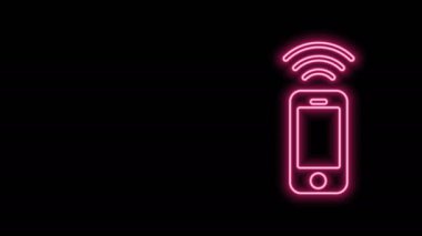 Parlak neon hattı kablosuz akıllı telefon simgesi siyah arkaplanda izole edildi. 4K Video hareketli grafik canlandırması