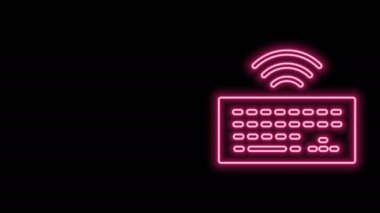 Parlak neon hattı kablosuz bilgisayar klavye simgesi siyah arkaplanda izole edildi. Bilgisayar bileşeni işareti. İnternet kavramının kablosuz bağlantısı. 4K Video hareketli grafik canlandırması