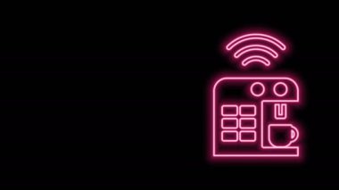 Parlayan neon hattı Akıllı kahve makinesi simgesi siyah arkaplanda izole edildi. İnternet kavramının kablosuz bağlantısı. 4K Video hareketli grafik canlandırması