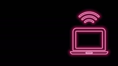 Parlayan neon hattı kablosuz dizüstü bilgisayar simgesi siyah arkaplanda izole edildi. İnternet kavramının kablosuz bağlantısı. 4K Video hareketli grafik canlandırması