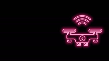 Parlayan neon hattı Akıllı İHA sistemi simgesi siyah arkaplanda izole edildi. Video ve fotoğraf makinesi sembollü dörtlü helikopter. 4K Video hareketli grafik canlandırması