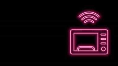 Parlayan neon hattı Akıllı mikrodalga fırın sistemi simgesi siyah arkaplanda izole edildi. Ev aletleri simgesi. İnternet kavramının kablosuz bağlantısı. 4K Video hareketli grafik canlandırması