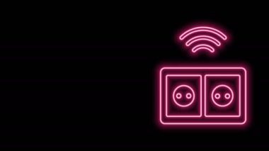 Parlayan neon hattı Akıllı elektrik çıkış sistemi simgesi siyah arkaplanda izole edildi. Elektrik prizi. İnternet kavramının kablosuz bağlantısı. 4K Video hareketli grafik canlandırması