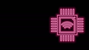 Siyah arkaplanda izole edilmiş mikro devreli parlayan neon hattı Bilgisayar işlemcisi. Devre kartlı çip ya da işlemci. Mikro işlemci. 4K Video hareketli grafik canlandırması