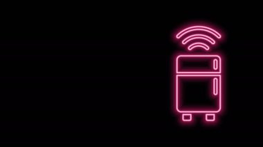 Parlayan neon hattı Akıllı buzdolabı simgesi siyah arkaplanda izole edildi. Buzdolabı buzdolabı. İnternet kavramının kablosuz bağlantısı. 4K Video hareketli grafik canlandırması