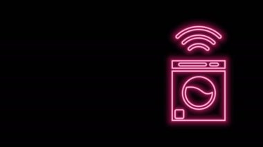 Parlayan neon hattı Akıllı yıkama sistemi simgesi siyah arkaplanda izole edildi. Çamaşır makinesi simgesi. İnternet kavramının kablosuz bağlantısı. 4K Video hareketli grafik canlandırması