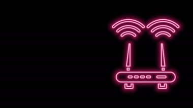 Parlayan neon hat Router ve wi-fi sinyal ikonu siyah arkaplanda izole edildi. Kablosuz ethernet modem yönlendirici. Bilgisayar teknolojisi interneti. 4K Video hareketli grafik canlandırması