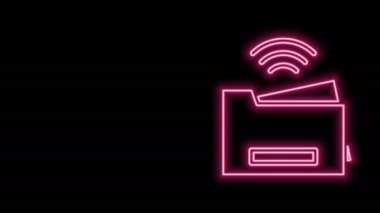 Parlayan neon hattı Akıllı yazıcı sistemi simgesi siyah arkaplanda izole edildi. İnternet kavramının kablosuz bağlantısı. 4K Video hareketli grafik canlandırması