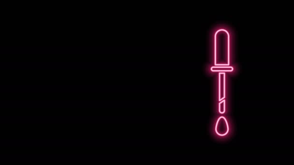 Świecąca neonowa ikona pipety odizolowana na czarnym tle. Element wyposażenia medycznego, chemicznego laboratorium. Pipeta z kroplą. Symbol medycyny. 4K Animacja graficzna ruchu wideo — Wideo stockowe