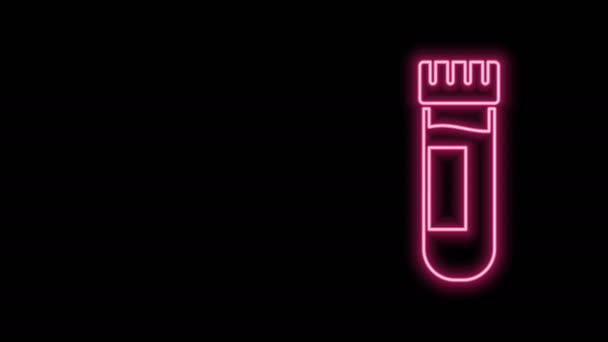 Glowing neon line Test tube or flask with blood icon isolated on black background. Laboratory, chemical, scientific glassware sign. 4K Video motion graphic animation — Stock Video